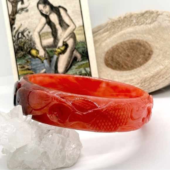 Rare Red Jadeite Jade Hand Carved 62mm Lotus Flower Ruyi Fish Bangle Bracelet - Picture 4 of 8